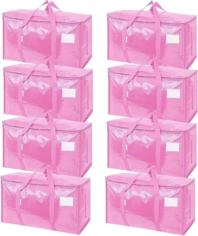 TICONN 8 Pack Extra Large Moving Bags Heavy Duty with Zippers & Carrying Handles, Durable Storage Bags Moving Boxes for Closet Organizers and Storage (8 Pack, Pink)