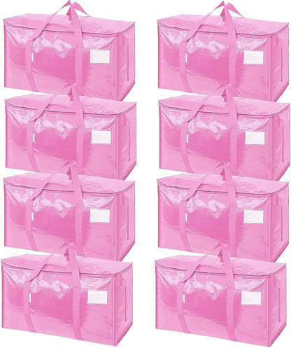TICONN 8 Pack Extra Large Moving Bags Heavy Duty with Zippers & Carrying Handles, Durable Storage Bags Moving Boxes for Closet Organizers and Storage (8 Pack, Pink)
