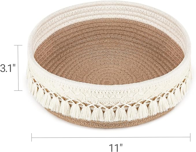 Mkono Makeup Perfume Holder Organizer Macrame Decorative Woven Rope Basket Boho Decor Cosmetics Desk Storage Baskets for Dresser Skin Care Lotions Essential Oils Dorm Room Essentials,Yellow and White