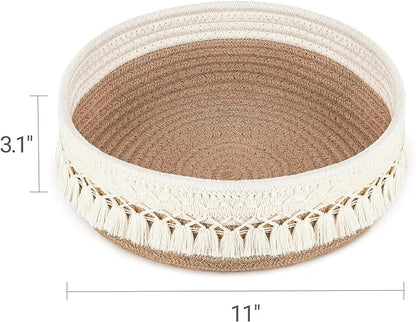 Mkono Makeup Perfume Holder Organizer Macrame Decorative Woven Rope Basket Boho Decor Cosmetics Desk Storage Baskets for Dresser Skin Care Lotions Essential Oils Dorm Room Essentials,Yellow and White