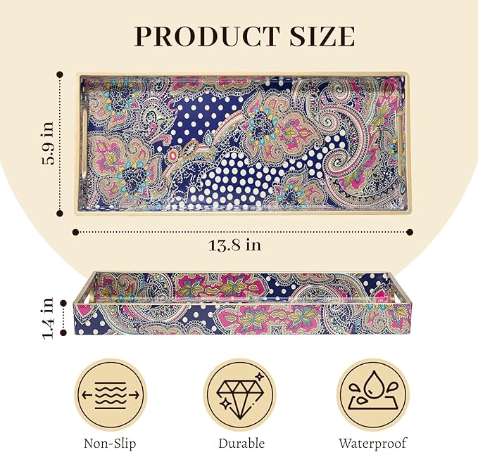 MAONAME Plastic Vanity Tray, Bathroom Counter Tray, Decorative Trays with Handles, Storage Dresser Trays Organizer for Toilet Tank, Jewelry, Makeup, 13.8" x 6" x 1.57"