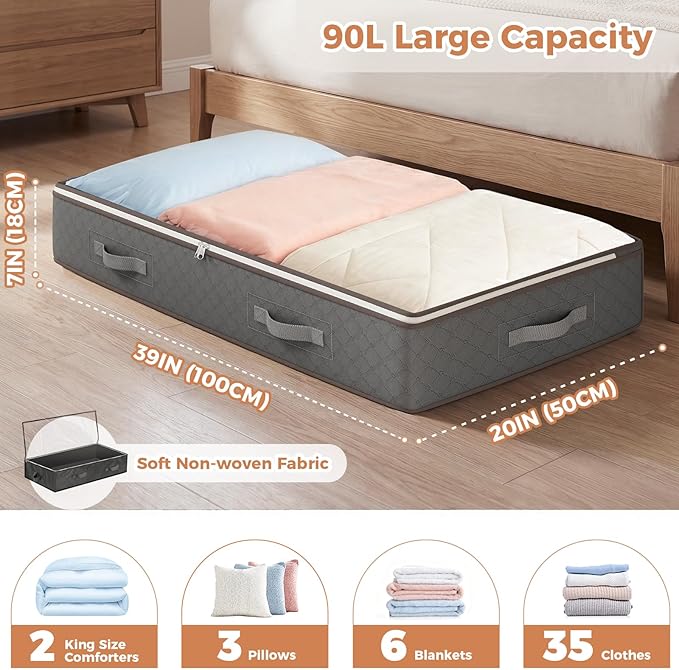 Budding Joy 90L Under Bed Storage Containers, Closet Organizers and Storage Bins, Foldable Underbed Storage Bags for Linen Sheets, Blanket, Clothing, Comforter, Sweaters, Pillows, Wrapping Paper, Grey