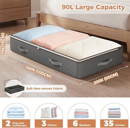 Budding Joy 90L Under Bed Storage Containers, Closet Organizers and Storage Bins, Foldable Underbed Storage Bags for Linen Sheets, Blanket, Clothing, Comforter, Sweaters, Pillows, Wrapping Paper, Grey