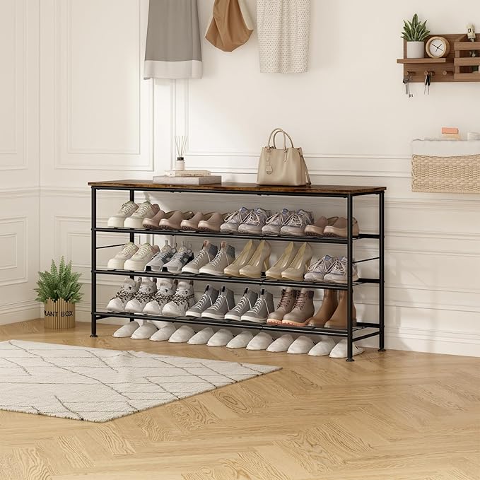 SUOERNUO Shoe Rack Organizer 4 Tier for Closet Entryway Free Standing Metal Storage Shoe Shelf with MDF Top Board (Black+Rustic Brown, Large 4 Tier)