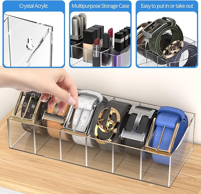 Belt Organizer, Acrylic Belt Storage Holder for The Closet and Drawer, 6 Compartments Belt Container Clear Display Case for Tie and Bow Tie