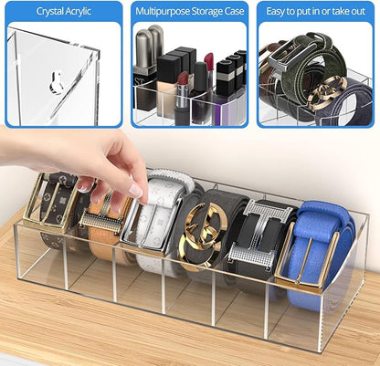 Belt Organizer, Acrylic Belt Storage Holder for The Closet and Drawer, 6 Compartments Belt Container Clear Display Case for Tie and Bow Tie