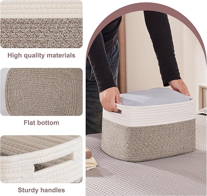 OIAHOMY 4 Pack Storage Baskets for Organizing, Basket for Shelves with Handle, Woven Baskets for Storage Toys, Towels, Books, Cotton Rope Basket 13" L x 9 " W x 7.8 " H, Deep Brown & White