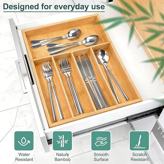 Silverware Drawer Storage, 5-Compartment Bamboo Cutlery Rack, Kitchen Cutlery Storage Box