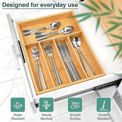 Silverware Drawer Storage, 5-Compartment Bamboo Cutlery Rack, Kitchen Cutlery Storage Box