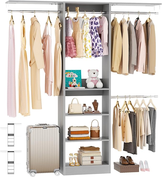 Besiost 48" Closet Organizer System, 4FT Closet System for Small Closets with 4 Hanging Rods & 3 Shelves, 80"H Small Closet Organizers and Storage for Bedrooms, Cloakrooms, Gray