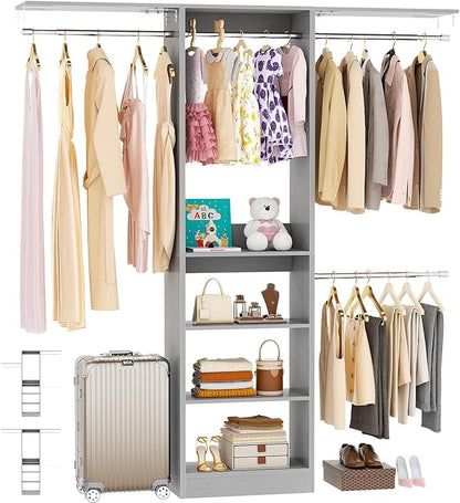 Besiost 48" Closet Organizer System, 4FT Closet System for Small Closets with 4 Hanging Rods & 3 Shelves, 80"H Small Closet Organizers and Storage for Bedrooms, Cloakrooms, Gray