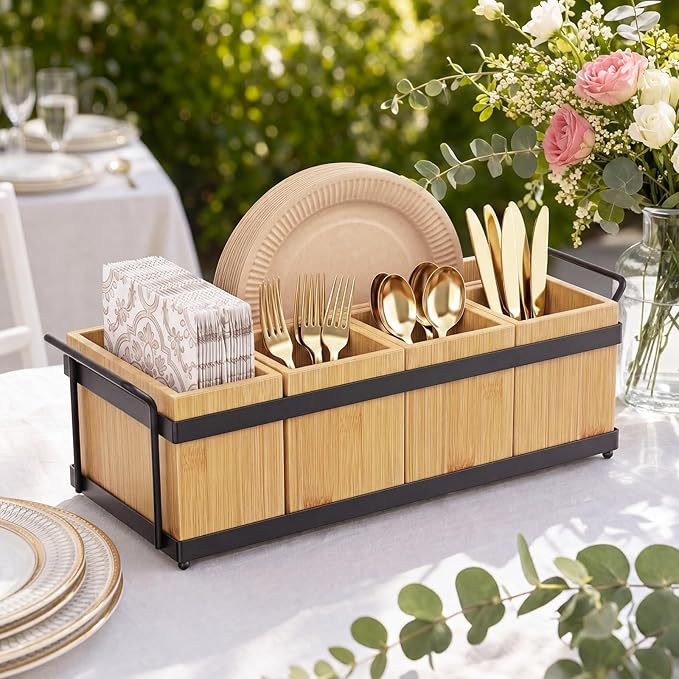 Silverware Holder for Party, Utensil Caddy with 5 Removable Bins, Bamboo Holder for Organize Plastic Silverware, 7" to 10" Paper Plates, Napkins