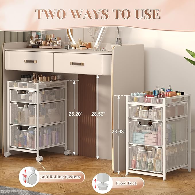 JKsmart Rolling Makeup Cart Organizer with 3 Drawers, Cosmetics Display with Dividers, Floor Skincare Storage with Wheels, Versatile Vanity Organizer for Nail Polish Perfume Brush Hair Tool, White