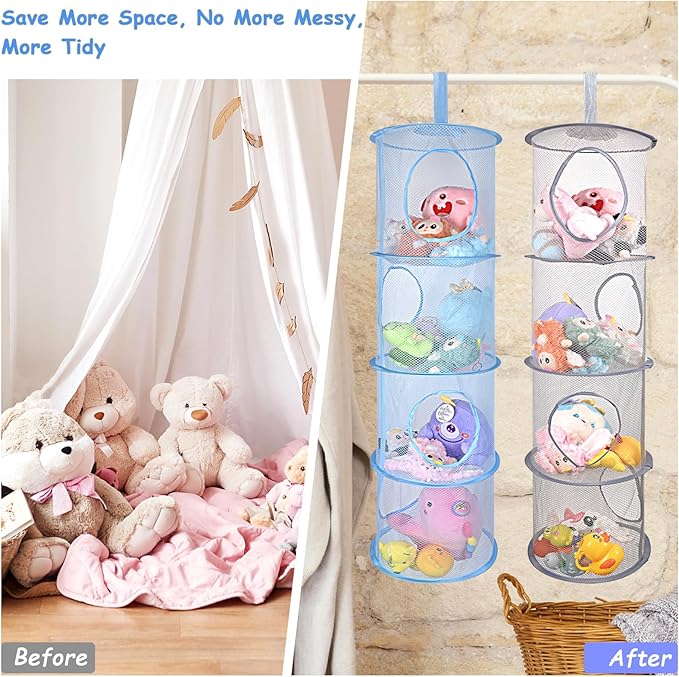 ChezMax Hanging Mesh Stuffed Animal Storage - 4 Tiers 2 Pack Large Stuffed Animal Net Organizer, Foldable Space Saver Bags Plushie Basket Organization Holder Room Bedroom Playroom Wardrobe Wall Grey