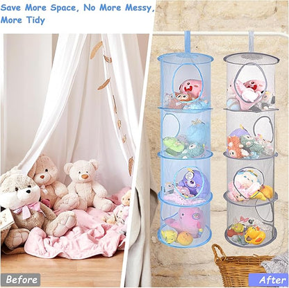 ChezMax Hanging Mesh Stuffed Animal Storage - 4 Tiers 2 Pack Large Stuffed Animal Net Organizer, Foldable Space Saver Bags Plushie Basket Organization Holder Room Bedroom Playroom Wardrobe Blue