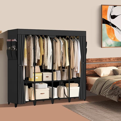 Wardrobe Closet, Quick and Easy Assembly, Black Large Capacity Portable Closet with 4 Hanging Rods 8 Storage Shelves and 8 Side Pockets, Clothes Rack with Cover, for Bedroom and Living Room