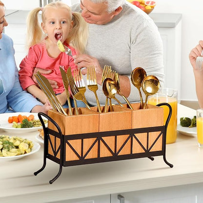 Garvee Acacia Wood Utensil Holder, Waterproof Wooden Flatware Caddy Silverware Holder with 3 Detachable Compartments & Handles, Fork Spoon Knife Organizer for Party BBQ