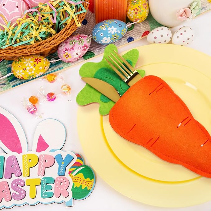 MAGICLULU 6pcs Easter Carrot Cutlery Holders, Felt Utensil Pouch Bags for Silverware, Reusable Carrot Shape Fork Sleeves, Whimsical Tableware Pockets for Spring Party & Easter Table Decor