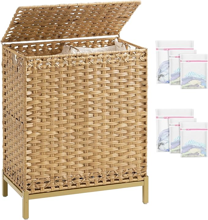 SETVSON Laundry Hamper with Lid, 112 L Handwoven Rattan Wicker Laundry Basket, 2 Removable Liner Bags Metal Heightened Feet, 6 Mesh Bags, 2 Section Large Clothes Hamper for Bathroom Bedroom, Natural