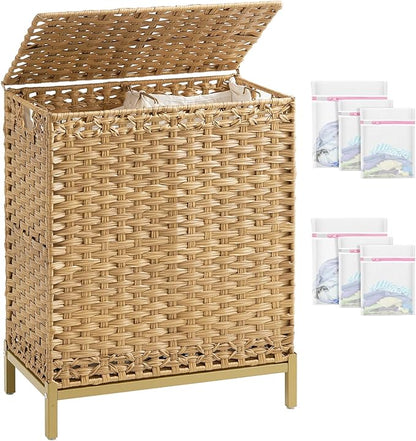 SETVSON Laundry Hamper with Lid, 112 L Handwoven Rattan Wicker Laundry Basket, 2 Removable Liner Bags Metal Heightened Feet, 6 Mesh Bags, 2 Section Large Clothes Hamper for Bathroom Bedroom, Natural