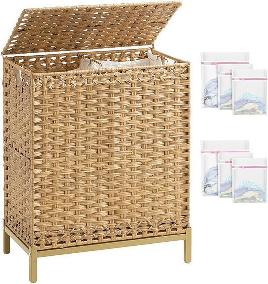 SETVSON Laundry Hamper with Lid, 112 L Handwoven Rattan Wicker Laundry Basket, 2 Removable Liner Bags Metal Heightened Feet, 6 Mesh Bags, 2 Section Large Clothes Hamper for Bathroom Bedroom, Natural