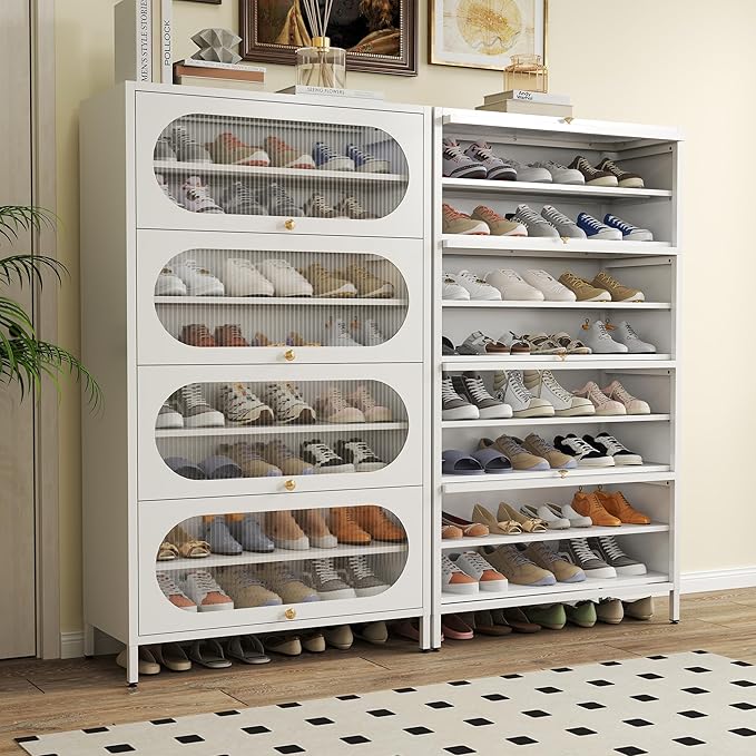 Foreate 8-Tier Tall Shoe Storage Cabinet with 4 Flip-Up Doors & Removable Shelves, 54” Metal Cabinet Shoe Rack Organizer for 24-32 Pair Shoes, Freestanding Modern Entryway Shoe Cabinet, PC Door