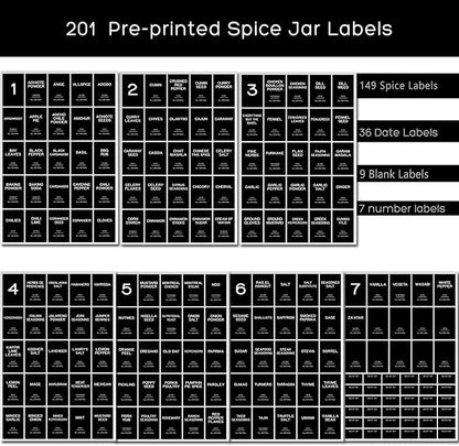 201 Spice Jar Labels - Black Preprinted Minimalist Waterproof Stickers for Kitchen Jars, Herb & Seasoning Labels for Pantry Organization