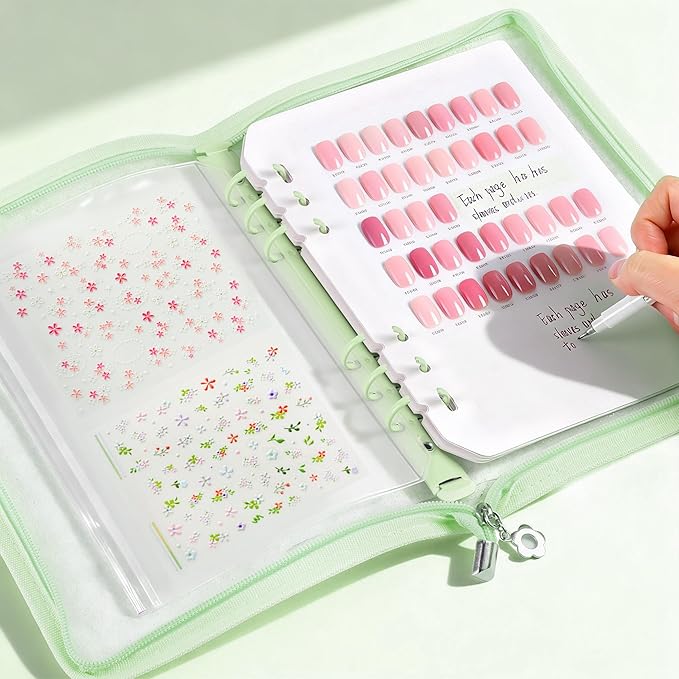 18PCS Press On Nail Organizer Clear Empty Press on Nail Packaging Set with 8 Insert Pages,8 nail double tape and 1 Zipper Pocket for Fake Nail Storage Nail Art Salon (green)