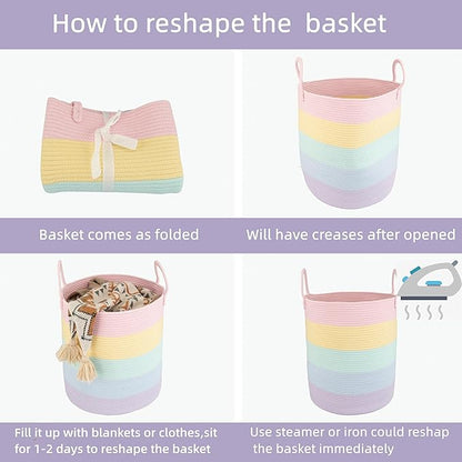 Woven Cotton Rope Laundry basket-15”X20” Laundry Hamper-Rope Storage Basket for Dirty Clothes, Toys and Blankets Perfect for Bathroom, Baby nursery and Living Room Storage (light rainbow)