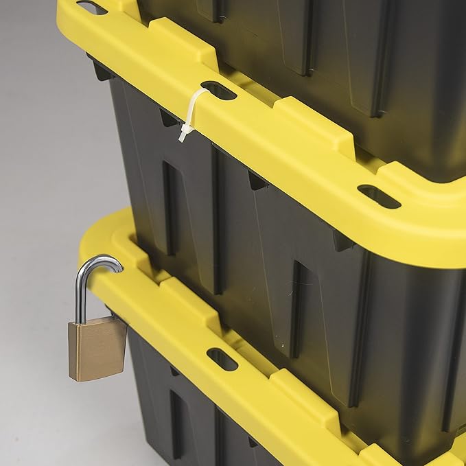 CX BLACK & YELLOW 12-Gallon Heavy Duty Storage Bins with Lids, Stackable Plastic Storage Bins with Weather-Resistant Design, Home Organization, 4 Pack (12.51H x 16.3W x 21.8D)