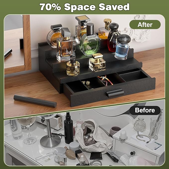 Perfume Cologne Organizer for Men: 3 Tier Wooden Perfumes Stand, Desktop Parfum Holder Wood Display Shelf with Cabinet, Bedroom Dresser Makeup Lotion Jewelry Storage Rack with Drawer