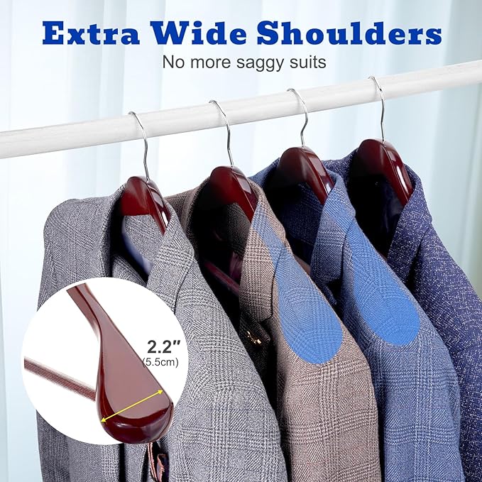 HOUSE DAY Wood Suit Hangers for Men, Wide Shoulder Wooden Hangers with Non Slip Pants Bar, Smooth Retro Finish 360° Swivel Hook Solid Wood Coat Hangers for Heavy Clothes Hanger 6 Pack (Cherry Wood)