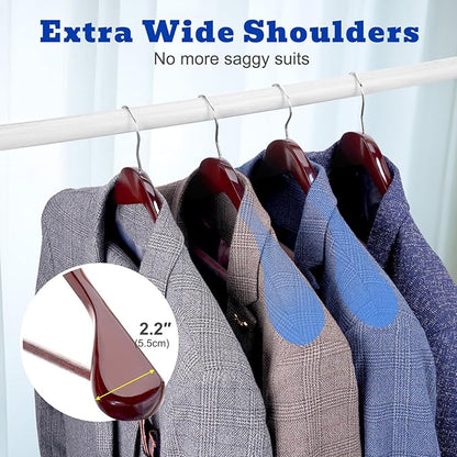 HOUSE DAY Wood Suit Hangers for Men, Wide Shoulder Wooden Hangers with Non Slip Pants Bar, Smooth Retro Finish 360° Swivel Hook Solid Wood Coat Hangers for Heavy Clothes Hanger 6 Pack (Cherry Wood)