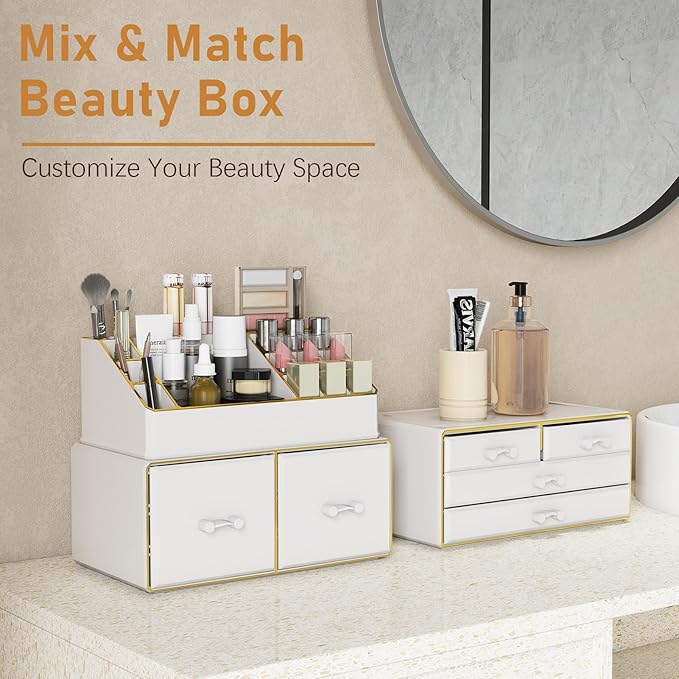 Delamu 3-Tier 6-Drawer Makeup Organizer Countertop Cosmetic Organizer for Dresser and Vanity Bathroom Organizers and Storage for Lipstick Brush Skincare Perfume, Nail Polish, White with Gold Edges