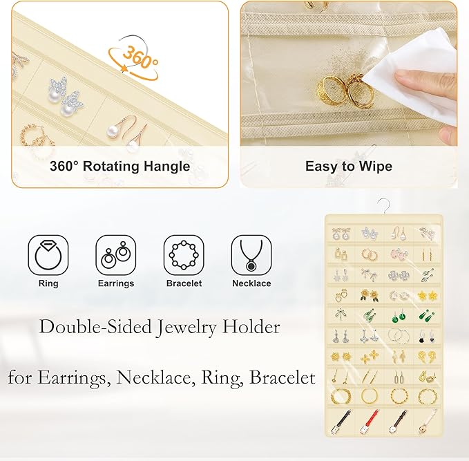 Hanging Jewelry Organizer Storage for Closet Wall Door Travel with 80 Clear Double-Sided Pockets for Earrings, Necklaces, Rings, Bracelets,1 Pcs