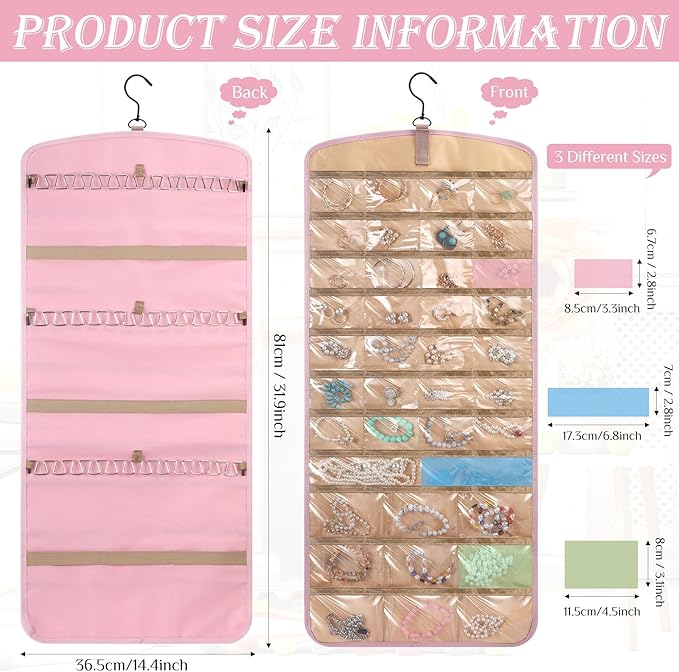 2 Pack Hanging Jewelry Organizer Storage with 39 Pockets, 30 Necklace Hooks Double Sided Wall Mount Earring Holder Organizer Bracelet Necklace Jewelry Display Hanger for Closet Door(Pink)