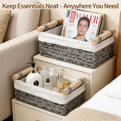 Storage Basket Wicker Baskets for Organizing, Storage Bins for Countertop & Toilet Paper, Toilet Tank Top Organizer (Set of 2, Grey)