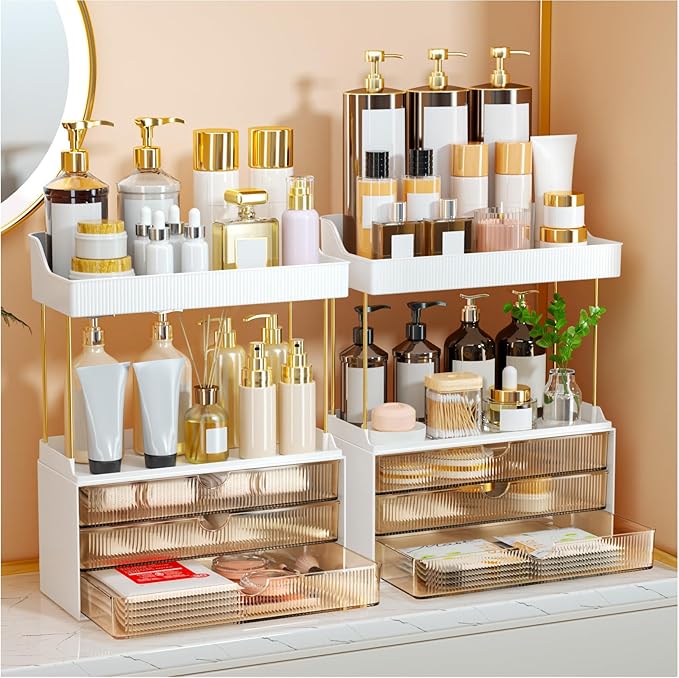 StorBin 2 Sets 6 Drawers Makeup Organizer – 5 Tier Bathroom Organizers and Storage, Versatile Perfume Vanity Organizer, Ideal for Cosmetic, Large Skincare, Face Mask, Office Supplies, Amber