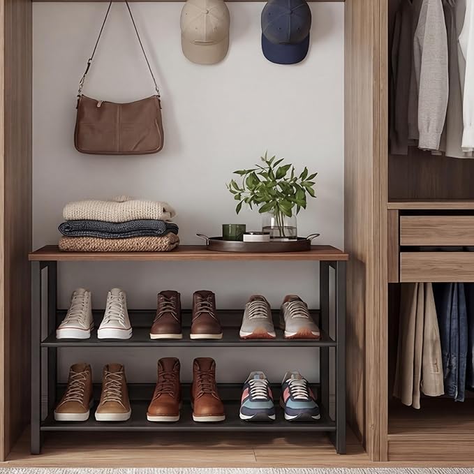 Garden 4 you Shoe Rack for Entryway 3 Tiers 11.8" D x 25" W x 20" H, Metal Shoe Rocks with Brown Wooden Tabletop, Angled Shoes Rack with Adjustable Mesh Shelves for Entryway Hallway Closet