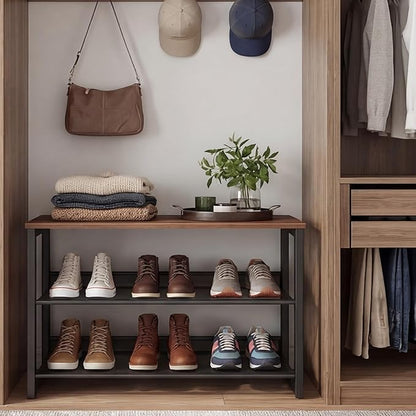 Garden 4 you Shoe Rack for Entryway 3 Tiers 11.8" D x 25" W x 20" H, Metal Shoe Rocks with Brown Wooden Tabletop, Angled Shoes Rack with Adjustable Mesh Shelves for Entryway Hallway Closet