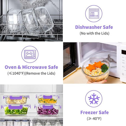34pcs Glass Food Storage Containers with Lids Set, Airtight Glass Meal Prep Containers (17 Containers & 17 Lids), Leak Proof Lunch Container BPA-Free, Microwave, Oven, Freezer, Dishwasher Safe-Purple