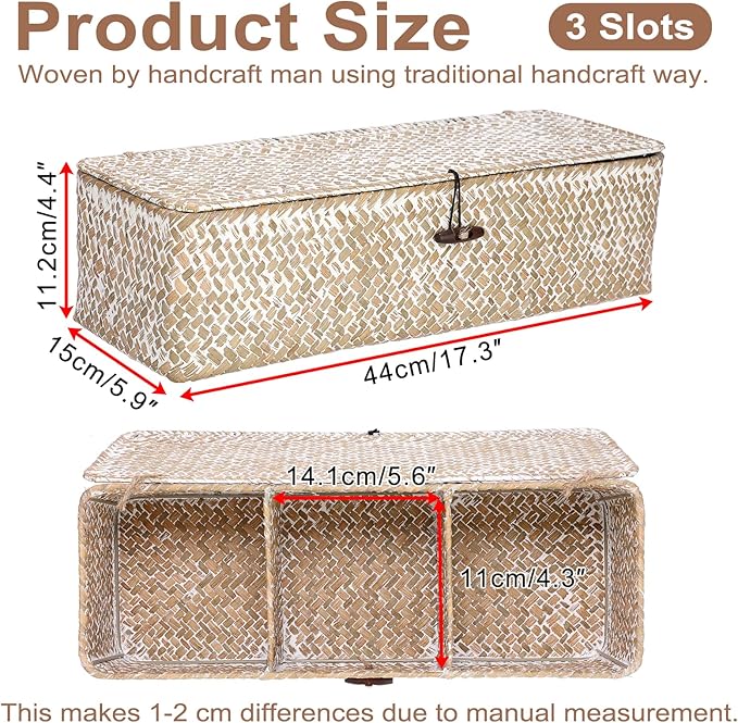 Hipiwe Storage Basket with Lid 3 Sections Handwoven Seagrass Basket Rectangular Closet Organizer Bin Multipurpose Storage Box for Bathroom Shelf Kitchen, Whitewash