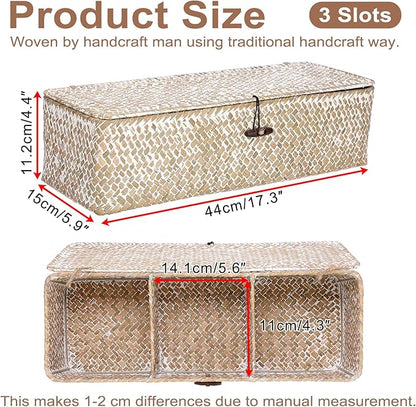 Hipiwe Storage Basket with Lid 3 Sections Handwoven Seagrass Basket Rectangular Closet Organizer Bin Multipurpose Storage Box for Bathroom Shelf Kitchen, Whitewash