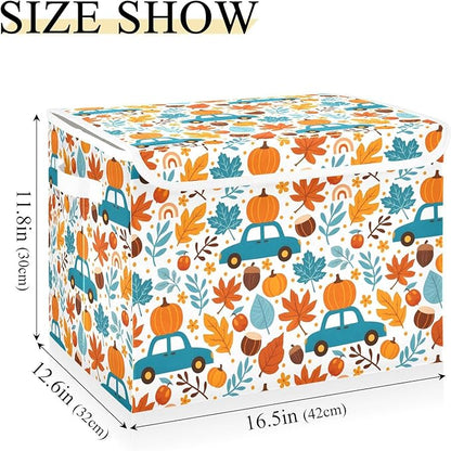 senya Thanksgiving Storage Baskets Collapsible Storage Bins with Lids, Thanksgiving Fall Maple Leaves Truck Pumpkins Storage Boxes Clothes Baskets for Organizing