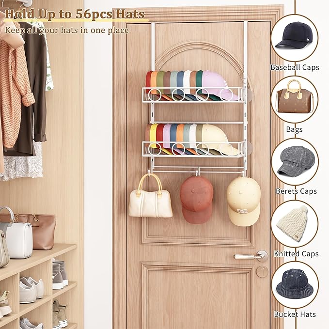Over Door Hat Organizer 3 Tier Wall Mounted Hat Rack with 2 Adjustable Metal Basket and 3 Hooks Hat Organizer for Baseball caps Hat Hanger Holder Display for Door Closet, Cap Organizer Storage