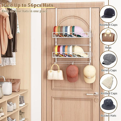 Over Door Hat Organizer 3 Tier Wall Mounted Hat Rack with 2 Adjustable Metal Basket and 3 Hooks Hat Organizer for Baseball caps Hat Hanger Holder Display for Door Closet, Cap Organizer Storage
