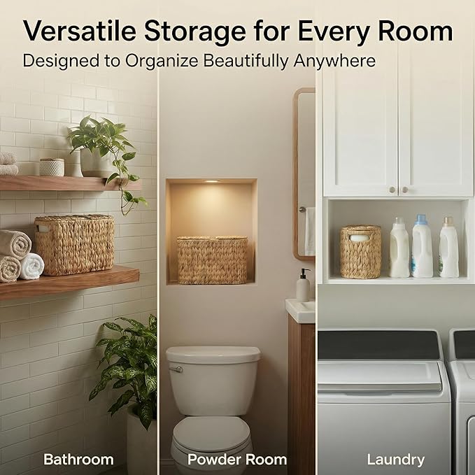 DEILSY™ Natural Water Hyacinth Toilet Paper Basket for 4 Rolls, Slim Toilet Paper Storage Basket with Built-in Handles, Wicker Toilet Paper Storage Basket with Lid for Bathroom or Powder Room