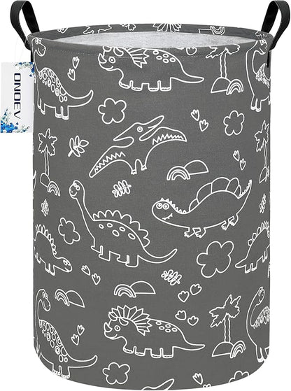 Round Cute Dinosaur Laundry Basket,Collapsible Laundry Hamper for Nursery,Toy Storage Bin for Kids Boys,Waterproof Storage Basket for Home,Bedroom, Playroom,New Parent Gift(Gray Line Dinosaur)