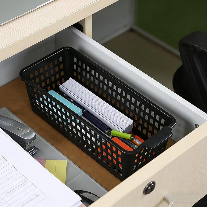4 Pcs Slim Plastic Storage Baskets Tray for Organizing, 12.4 x 5.1 x 3.5 Inch Small Storage Bins, Stackable Drawer Containers Trays Holder for Desk Garage Office (Black)