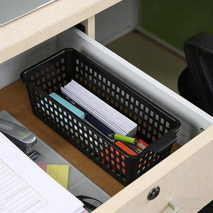 4 Pcs Slim Plastic Storage Baskets Tray for Organizing, 12.4 x 5.1 x 3.5 Inch Small Storage Bins, Stackable Drawer Containers Trays Holder for Desk Garage Office (Black)